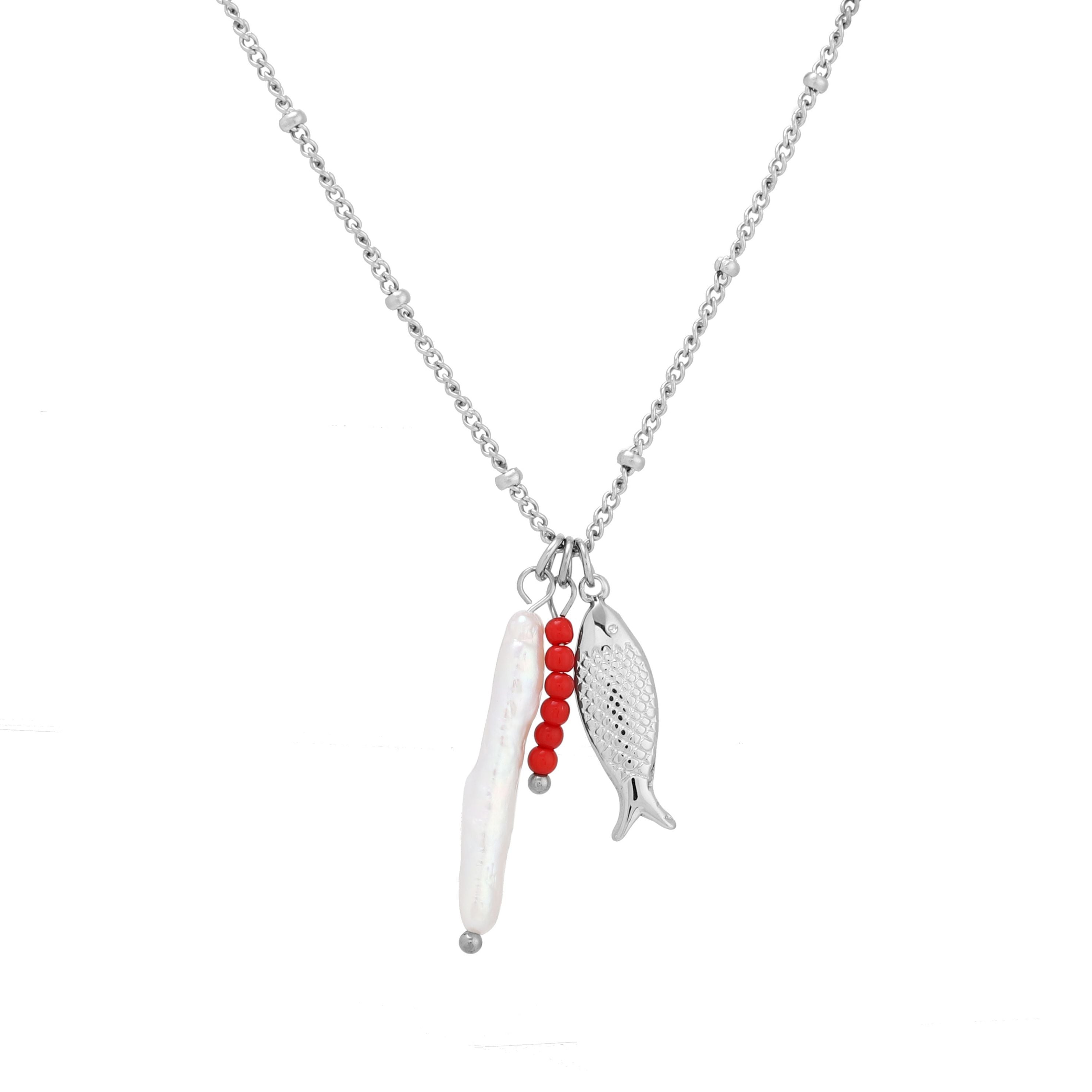 Silver Pearl Fish Necklace